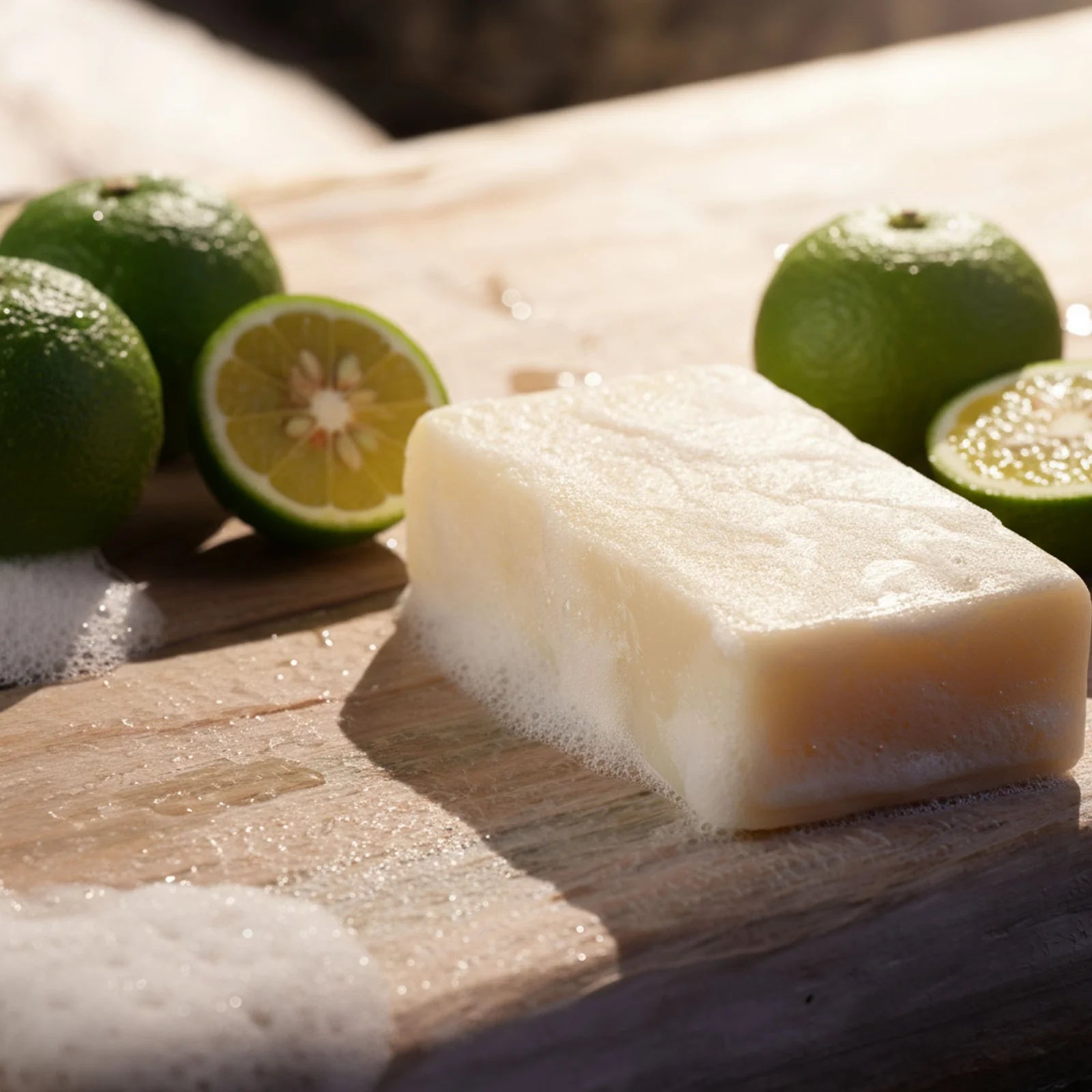 Bar of soap with limes on a wooden surface
