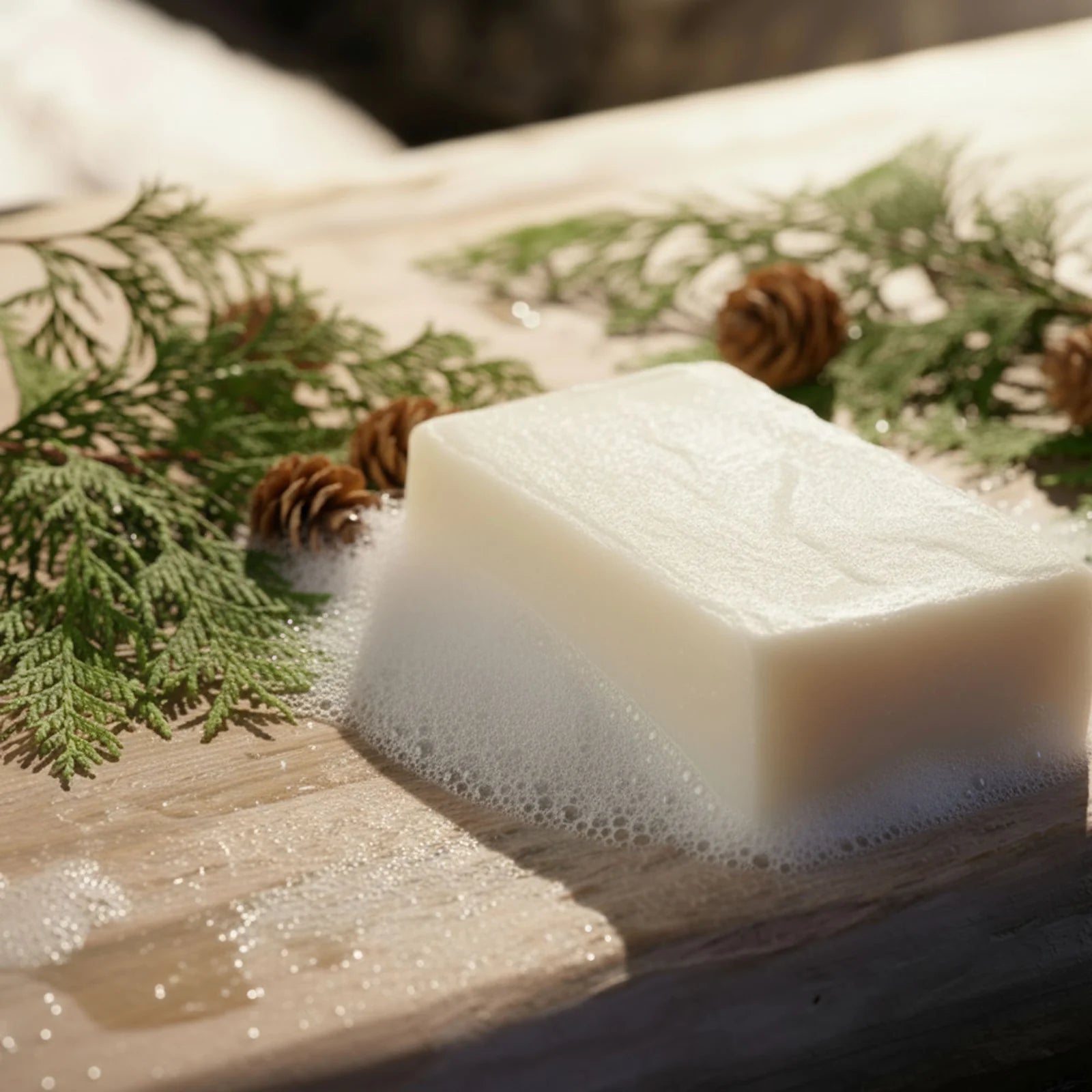 Bar of soap with bubbles on a wooden surface with greenery and pine cones.